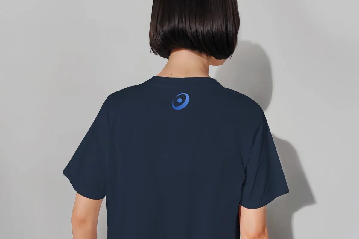 The back of a navy T-shirt with a small blue orbit mark below the collar