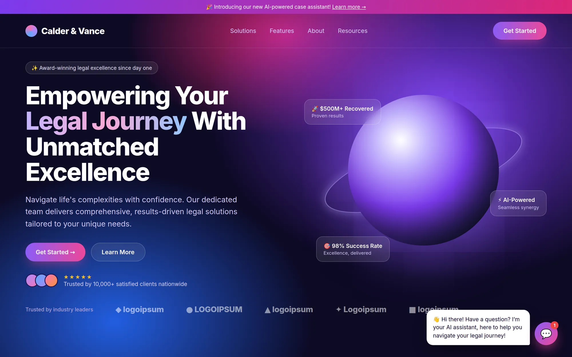A generic AI template for the same firm: purple gradients, a glowing orb, buzzwords like ‘Empowering your legal journey with unmatched excellence’, unbacked claims like ‘10,000+ satisfied clients’ and ‘$500M+ recovered’, placeholder logos and a pop-up chat bot