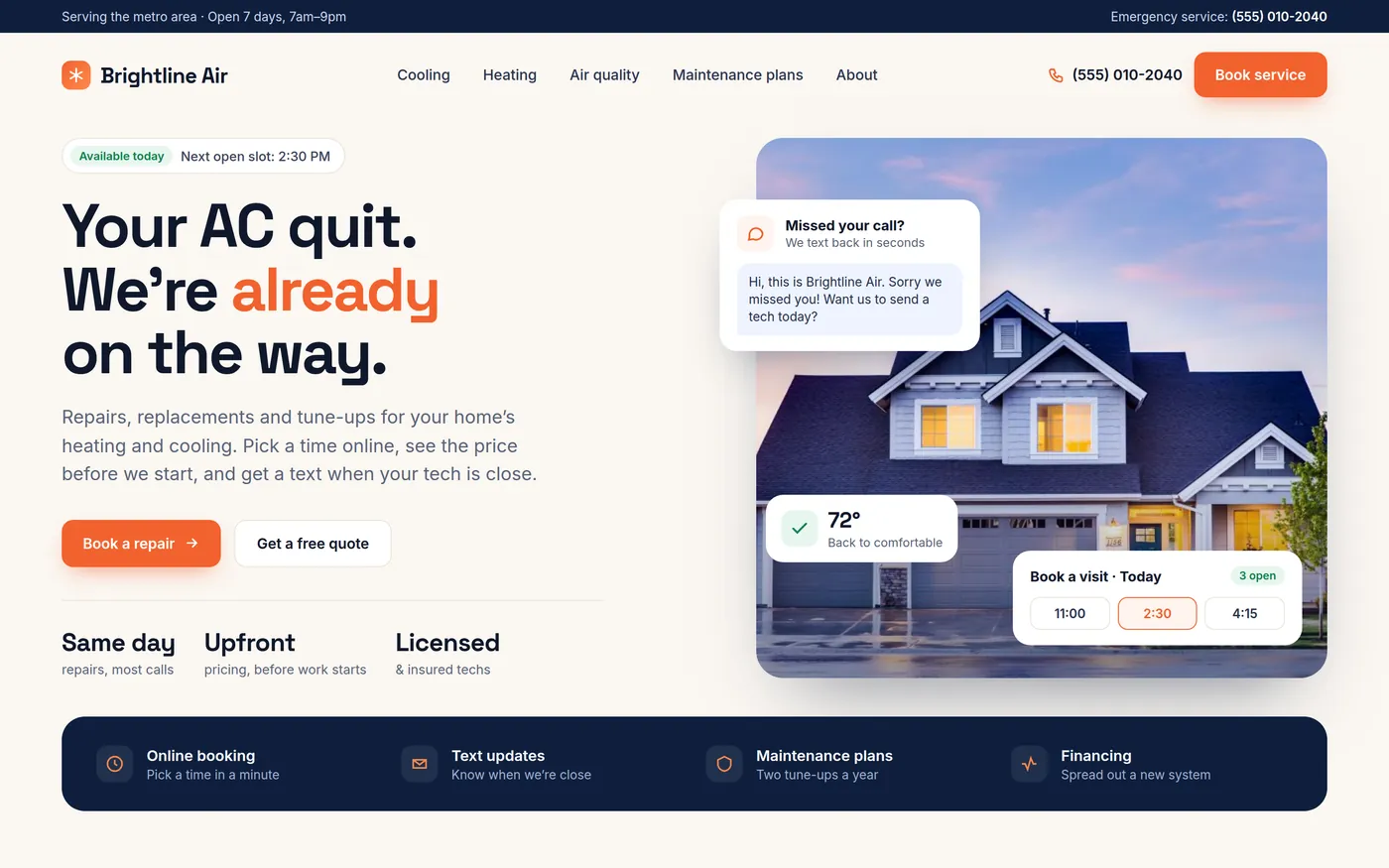 Concept homepage for Brightline Air, a made-up heating and cooling company