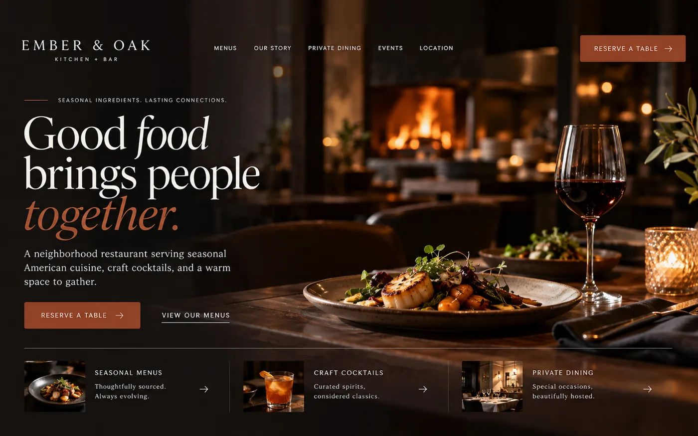 Concept homepage for Ember & Oak, a made-up neighborhood restaurant