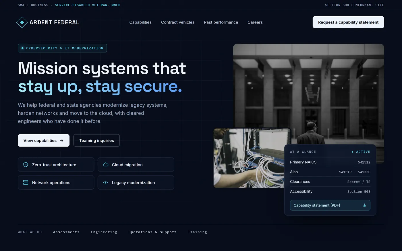 Concept homepage for Ardent Federal, a made-up government IT contractor