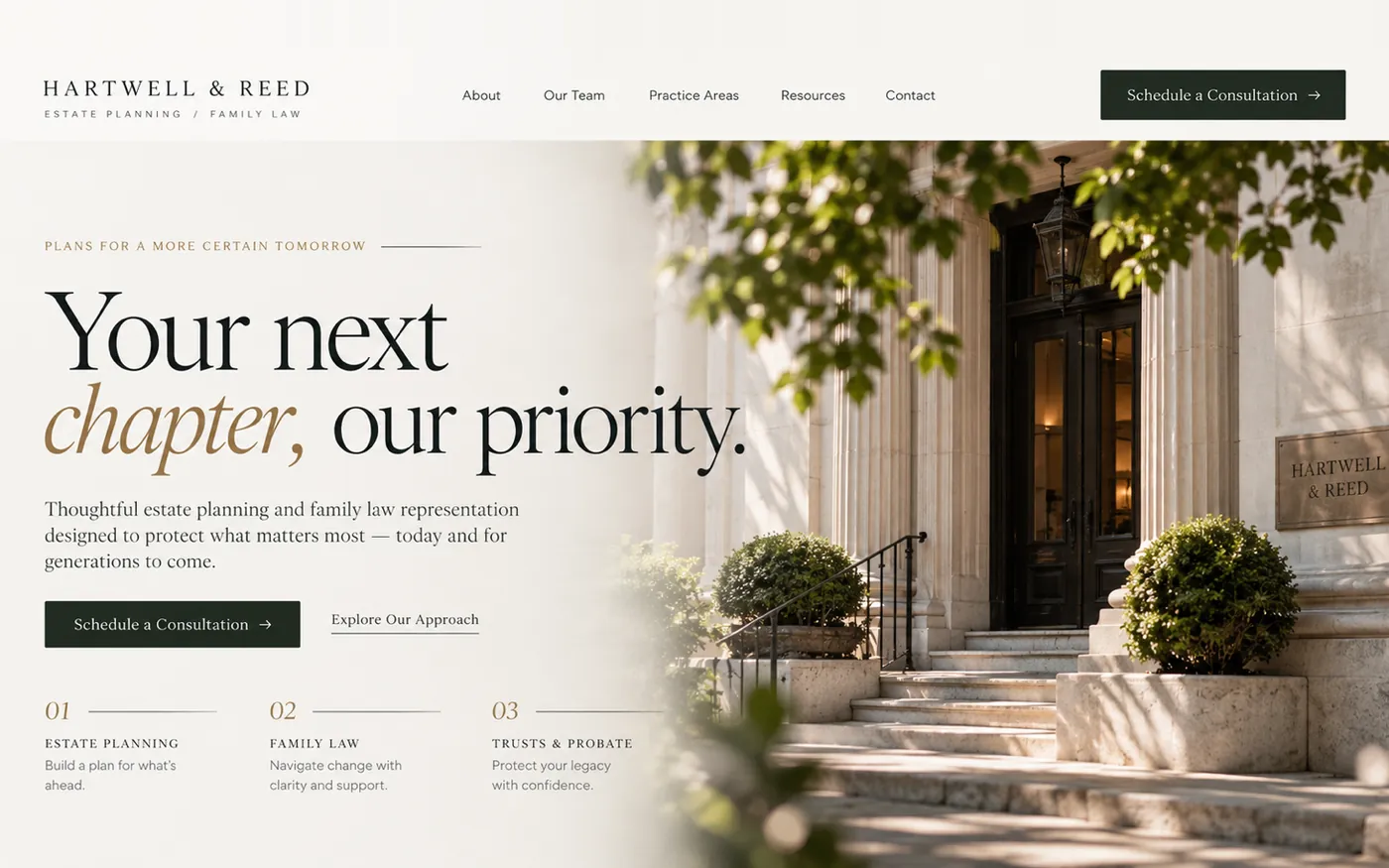 Concept homepage for Hartwell & Reed, a made-up estate planning and family law firm