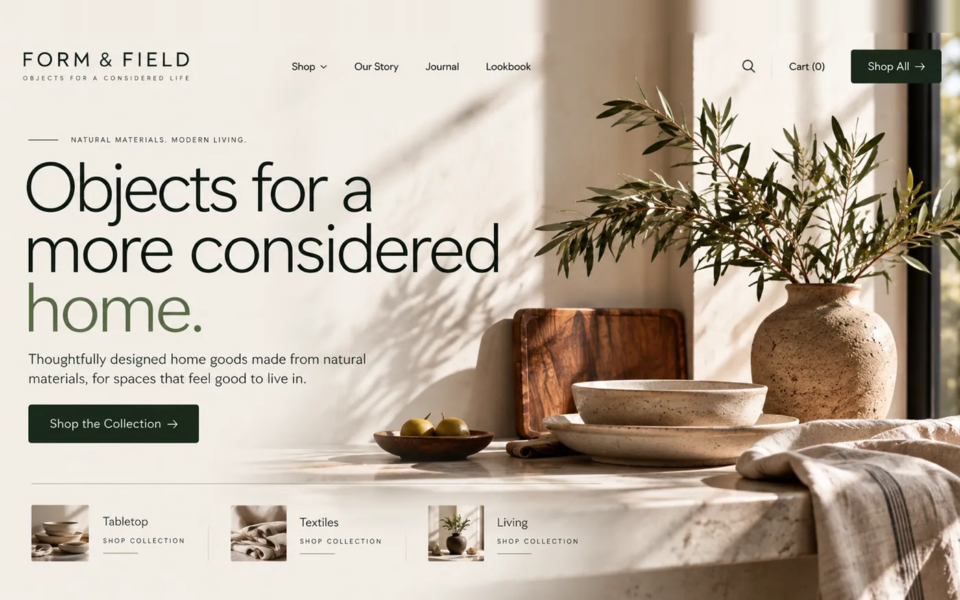Concept homepage for Form & Field, a made-up home goods store