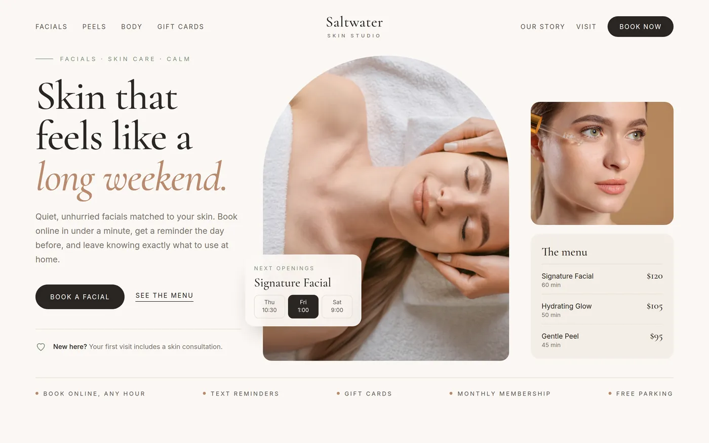 Concept homepage for Saltwater Skin Studio, a made-up facial studio
